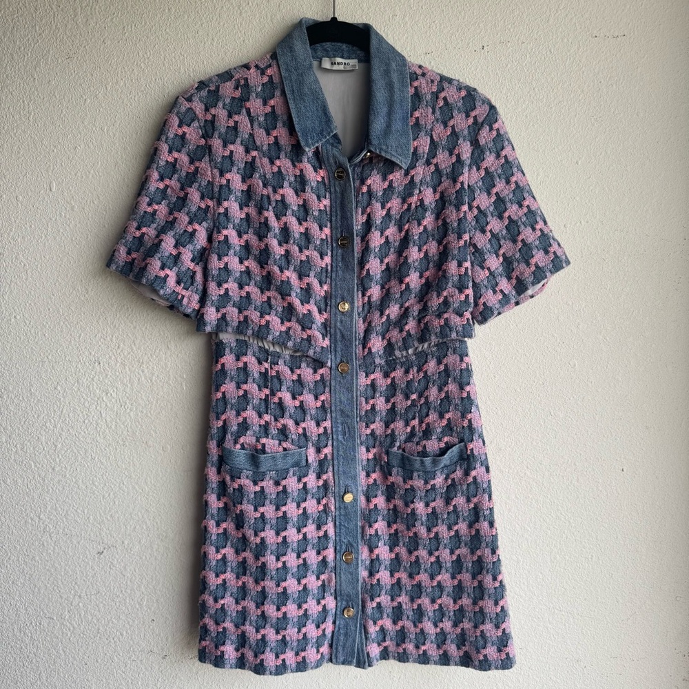 Sandro Amadora Denim Trim Houndstooth Tweed Mini Dress - Picture 5 of 13